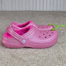 Crocs Classic Lined Glitter Clog K Pink Sparkle Fuzzy Shoes J3 207462-6WY NEW