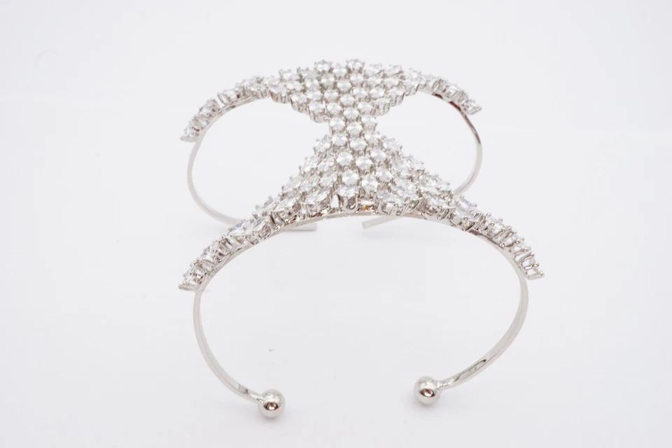 Crystal Cuff Bracelet 7.5" Silver Tone Hand Wrist Adjustable - Image 4 of 4