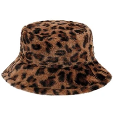 Winter Furry Bucket Hat for Women Men Warm Fluffy Fuzzy Bucket Hats Leopard B...
