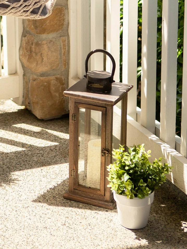 Metal Glass Lodge Wooden Serene�Candleholder Lantern Indoor Outdoor Decor - Image 2 of 4