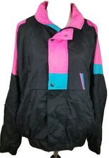 Vintage 80s Track Jacket Large Colorblock Unisex Black Neon Pink Blue