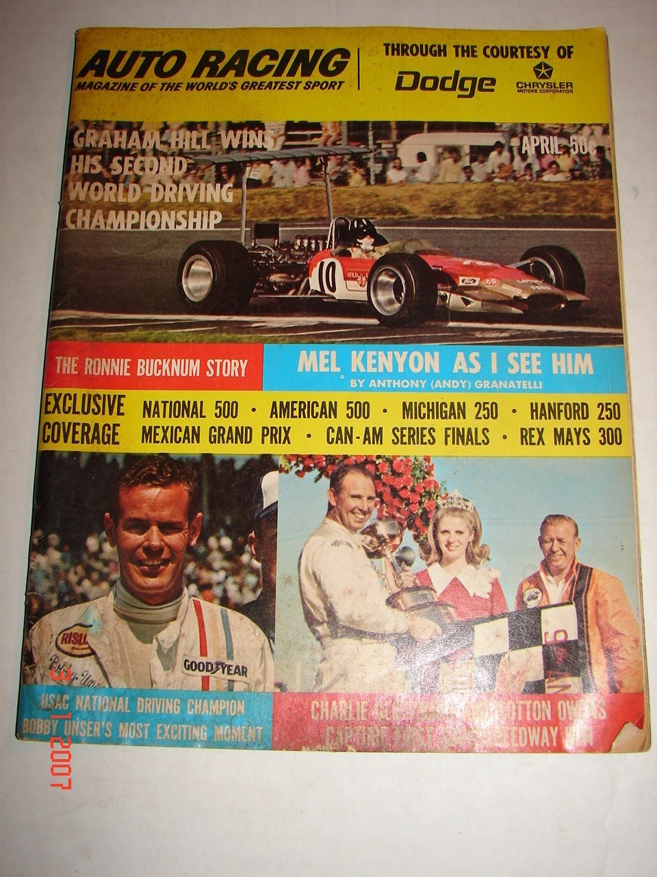 Vintage AUTO RACING MAGAZINE Nascar Stock Graham Hill Mel Kenyon APRIL ...