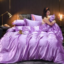 Bedding Set 4pcs 100 Satin Silky Duvet Cover Flat Sheet 2 Pillowcases Black Set