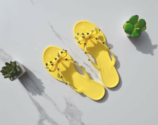 Women's Yellow Barcelona Sandals with Gold Spike Bow - Sizes 7-9-image