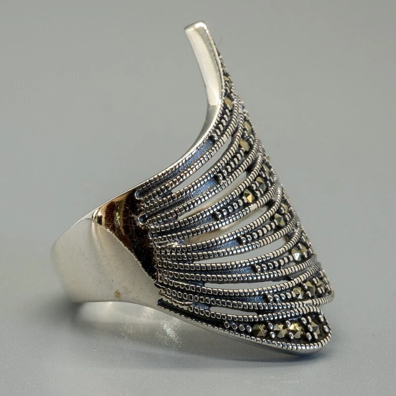 Marcasite Pirite Elegante Stile Bling Anello 925 Argento Sterling Taglie L - T - Immagine 3 di 3