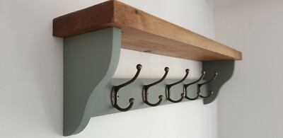 Garderobe + Regal schwebend rustikal Handarbeit Wandmontage 5 Doppelhaken