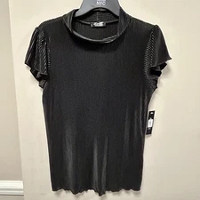 Ava James Sz L Black Silky Pleated Mock Turtleneck Blouse NWT