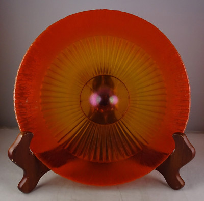 Vintage Footed Stretch Glass Iridescent Tangerine Plate Onion Skin Effect