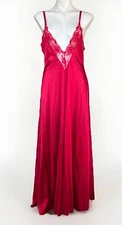 Vtg Red Plunging Neckline Maxi Slipdress Nightgown Sz L Nylon Lace USA Vampy