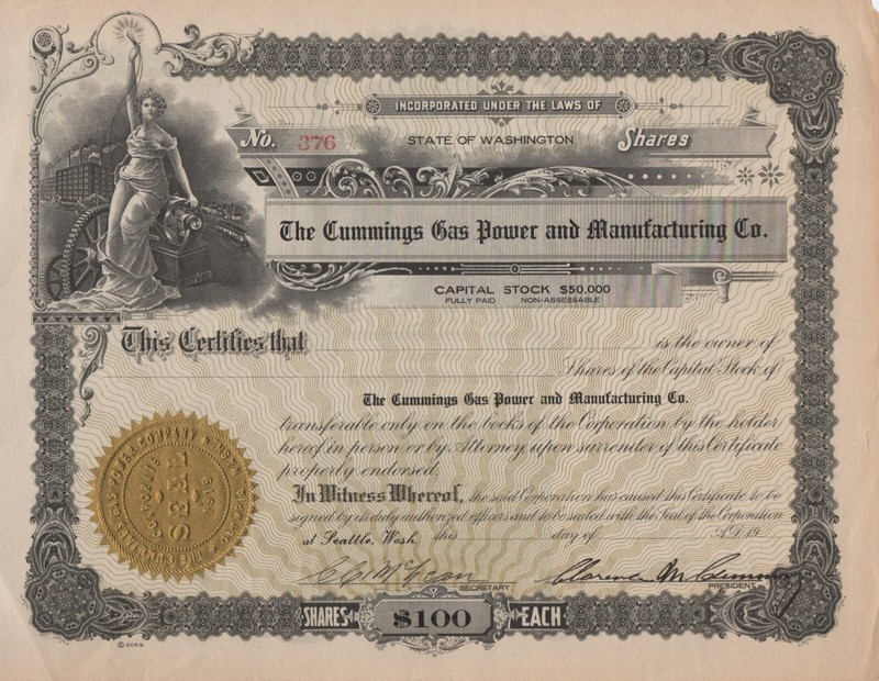 1919 The Cummings Gas Power and Manufacturing  Stock Certificate Unissued