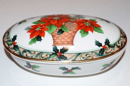 NEW Mikasa Christmas Poinsettia Covered Oval Dish UT114/686 w/Original Box - 第 1/5 張圖片