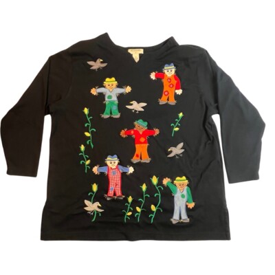 Vintage Bechamel Shirt Womens 1X Black Scarecrows All Over Front 90s Mom Top