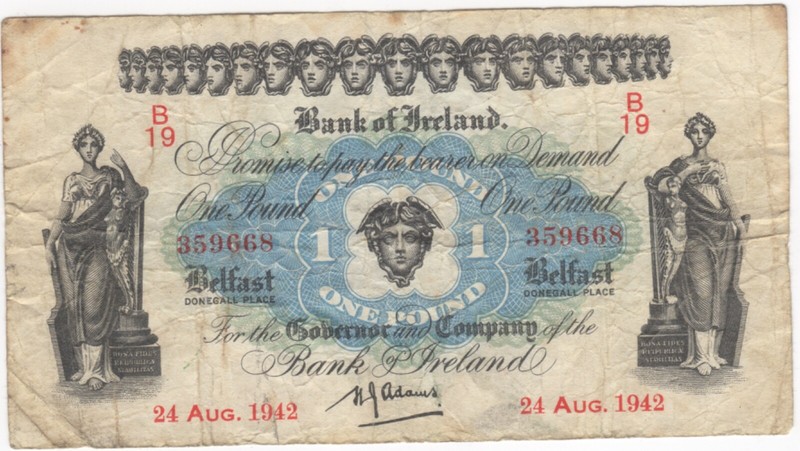 1942 Ireland Banknote Bank of Ireland 1 Pound B19 359668 24 AUG 1942 Circulated