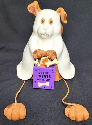 Vintage Porcelain Dog Ghost Trick-Or-Treater Shelf Sitter Halloween 2002 Mint