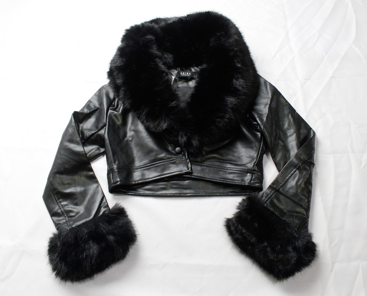 Akira Women's Gisele Fur Collar Cropped Moto Croc Blazer MS7 Black