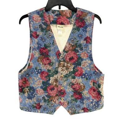 Vintage Vivaldi Jeanswear Denim Vest M Blue Floral Shabby Chic Boho Cottage USA