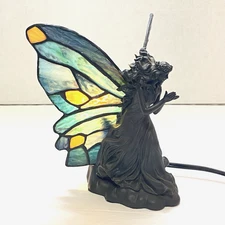 Fairy Tiffany Style Accent Lamp  8 x 7.5 x 6" Butterfly Wings Blue Orange Green