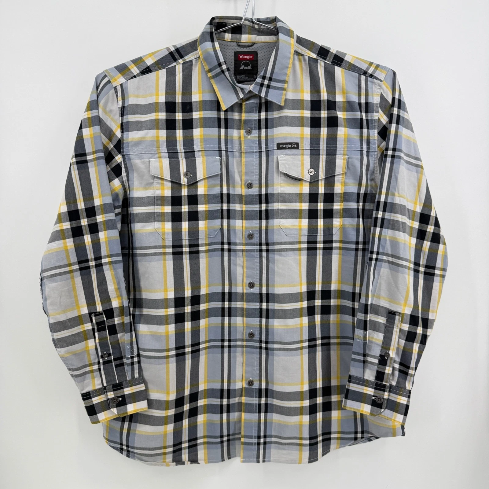 Wrangler Outdoor Shirt Mens XL Grey Yellow Plaid Cotton Blend Stretch Button Up