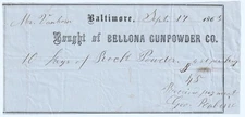 RARE  Billhead Receipt - Bellona Gunpowder CO  1863 Baltimore Maryland - 10 Kegs