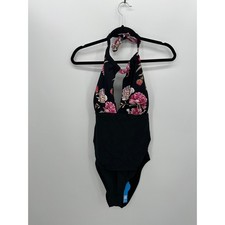 Cupshe Womens One Piece Swimsuit Black Floral Halter Ruched Keyhole Size 2X NWT