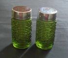 VINTAGE Anchor Hocking Glass SORENO Avocado Green Salt & Pepper Shakers 1960s