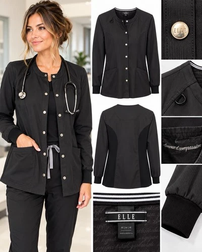 ELLE EL300 Women’s Scrub Jacket Medium Black Snap Front Nurse Medical Uniform - product listing photo