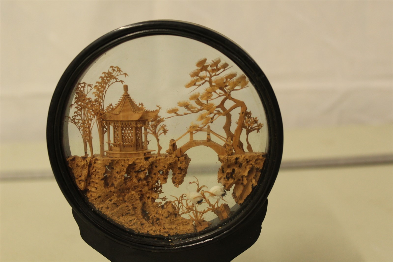 Vintage Cork Art Piece With Wood Frame Asian Art Decor Diorama 