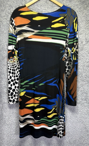 Joseph Ribkoff Colourful Jersey Dress Sz 16 Stretch Long Sleeve Bodycon V Neck - Picture 2 of 11