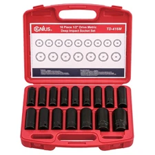 Genius Tools TD-416M 16pc 1/2" Dr. Metric Deep Impact Socket Set