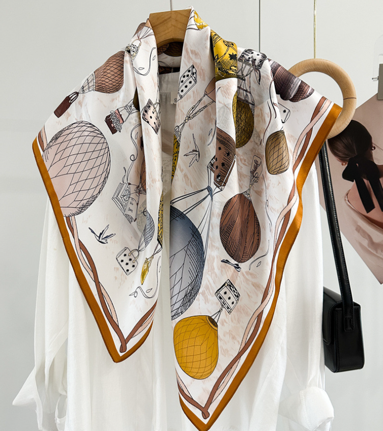 100% Mulberry Silk Scarf 35 Inch Yellow Balloon Print Womens Neckerchief Wrap