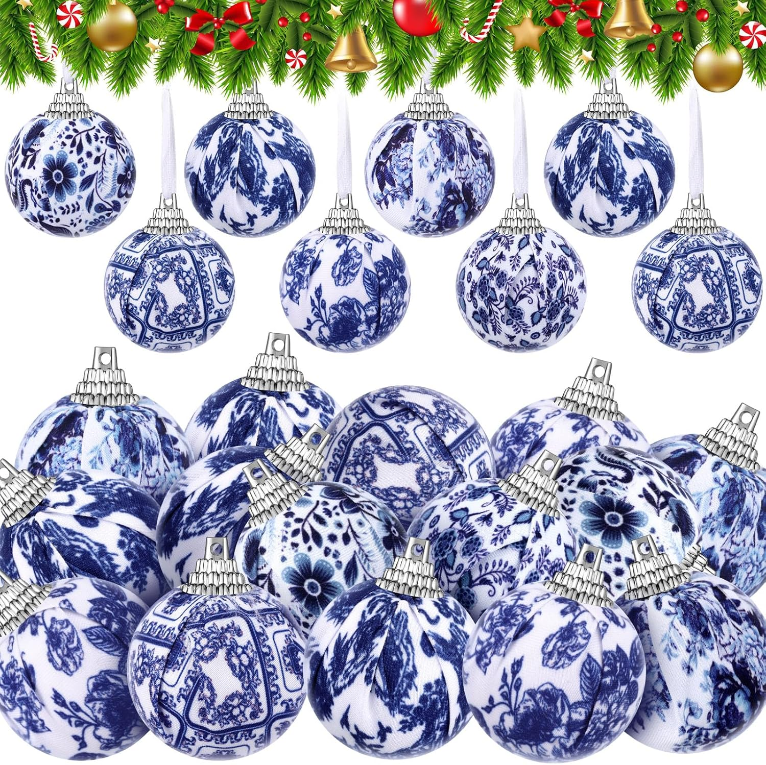24 Pcs Christmas Blue and White Ornaments Chinoiserie Hanging Ball Fabric Wra...