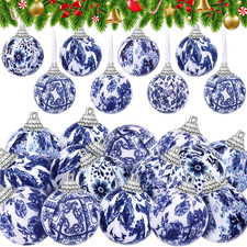 24 Pcs Christmas Blue and White Ornaments Chinoiserie Hanging Ball Fabric Wra...