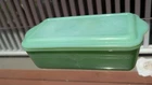 1940s Fire King Jadeite PHILBE Refrigerator loaf DISH w LID Impressed Design 10”