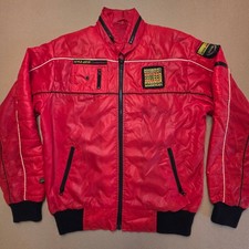 Style Auto Vintage 80s Red Maserati Racing Bomber Jacket Hidden Hood Sz Medium