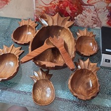 Handmade Hawaiian Wooden Pineapple Bowl Set with Serving Utensils, 7 Pieces