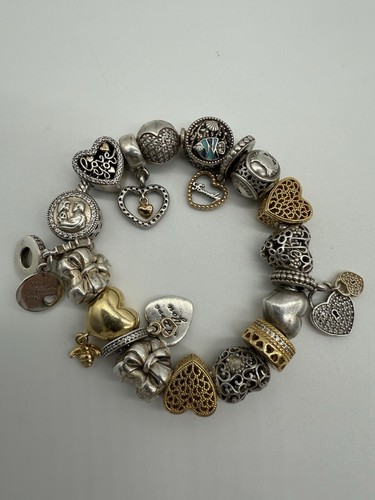 25C063 - GENUINE PANDORA CHARM BRACELET 925 SILVER & GOLD PLATING - 19 CHARMS - HEART