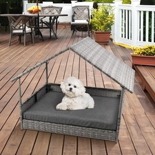 Outdoor Wicker Dog House With Canopy Elevated Rattan Pet Bed Removable Cushion