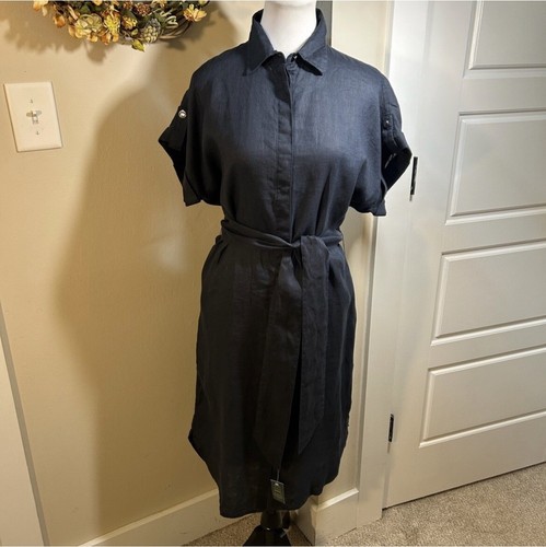 NWT LAUREN RALPH LAUREN Linen Utility Button Front Navy Shirt Dress w/Belt