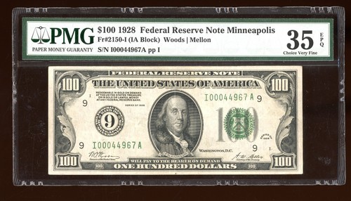 DBR 1928 $100 Minneapolis Numeral Fr. 2150-I PMG 35 EPQ Serial I00044967A