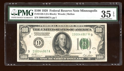 DBR 1928 $100 Minneapolis Numeral Fr. 2150-I PMG 35 EPQ Serial I00044967A - Picture 1 of 2