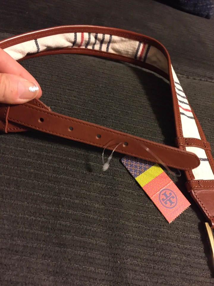 NWT TORY BURCH DASH BELT LEATHER TRIM NAVY NATURAL RED CANVAS SIZE XXS $185 - Image 3 of 4
