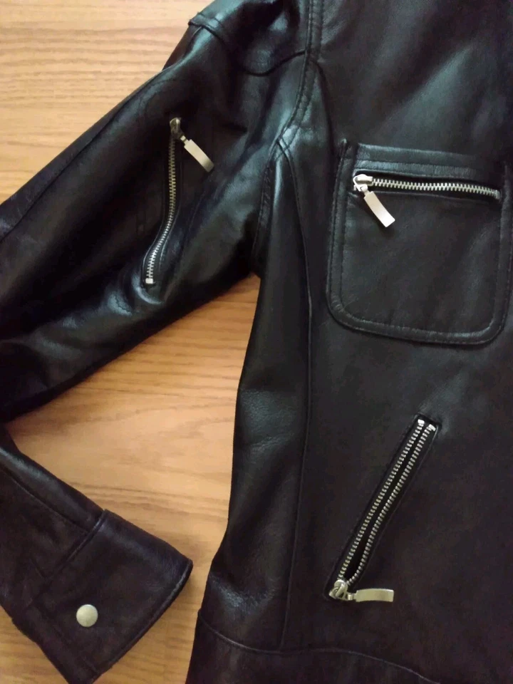 Chaqueta de motocicleta CLIO para mujer pequeña 100 % cuero bolsillos con cremallera completa café corredor Foto 3 de 4