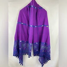AISH boho purple embroidered detail tassel long large scarf 78x39