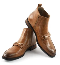 Men's Chelsea Ankle Boots Brown Leather Gold Buckle Zipper Closure By AZAR MAN 