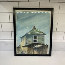 Original Signed Art Watercolor Painting Flying Seagull  Framed House