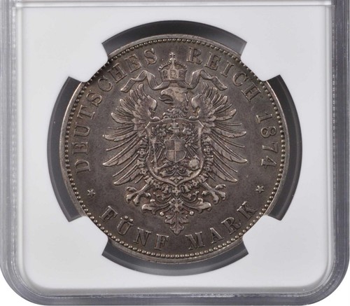 GERMANY BAVARIA LUDWIG II 1874-D 5 MARK SILVER COIN, NGC CERTIFIED XF45 - Picture 4 of 4
