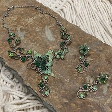 3pc Green Crystal Butterfly Flowers Necklace Dangling Earrings Jewelry Set