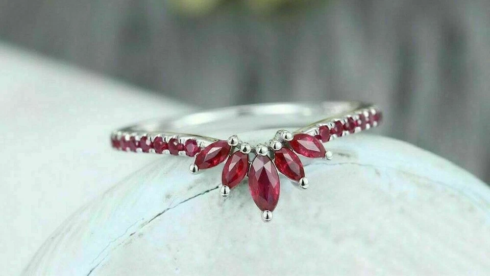 2Ct Marquise Cut Red Ruby Women's Engagement Band Ring 14K White Gold Finish - Image 3 of 4