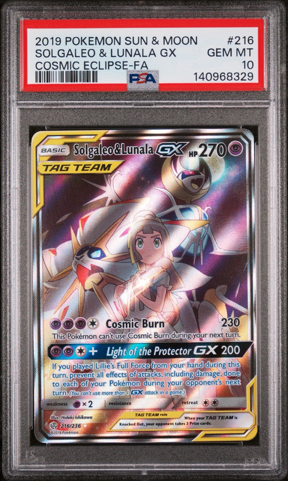2019 POKEMON SUN & MOON COSMIC ECLIPSE #216 FULL ART/SOLGALEO & LUNALA GX PSA 10
