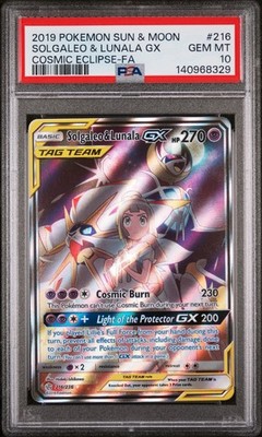 2019 POKEMON SUN & MOON COSMIC ECLIPSE #216 FULL ART/SOLGALEO & LUNALA GX PSA 10